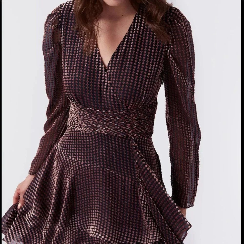 DIANE VON FURSTENBERG Brown Peggy Velvet Tiered Faux Wrap Dress Cocktail SIZE 12